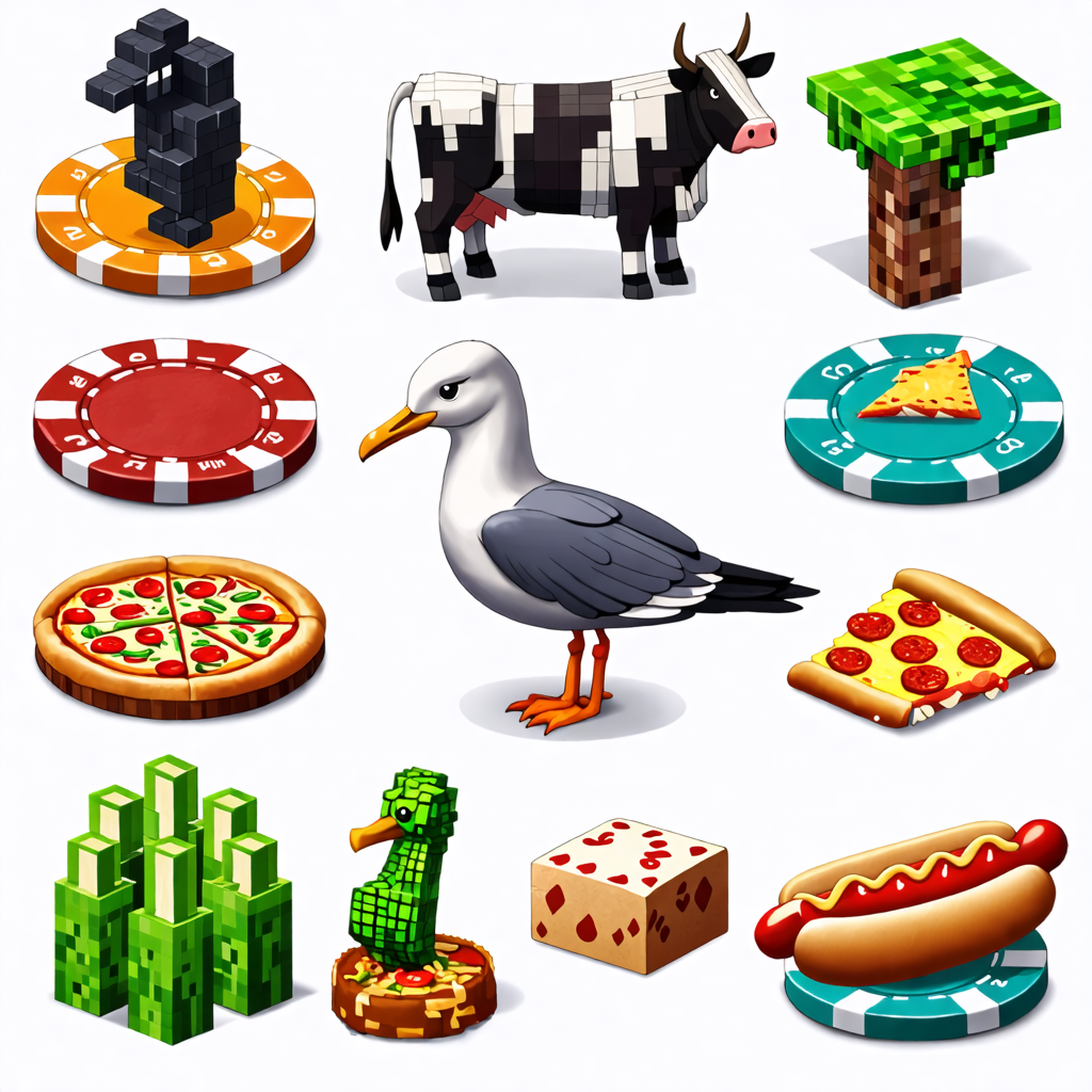 seahorse, tarantula, poker chip, turnip, seagull, minecraft, hot dog, pizza, cow, buffalo